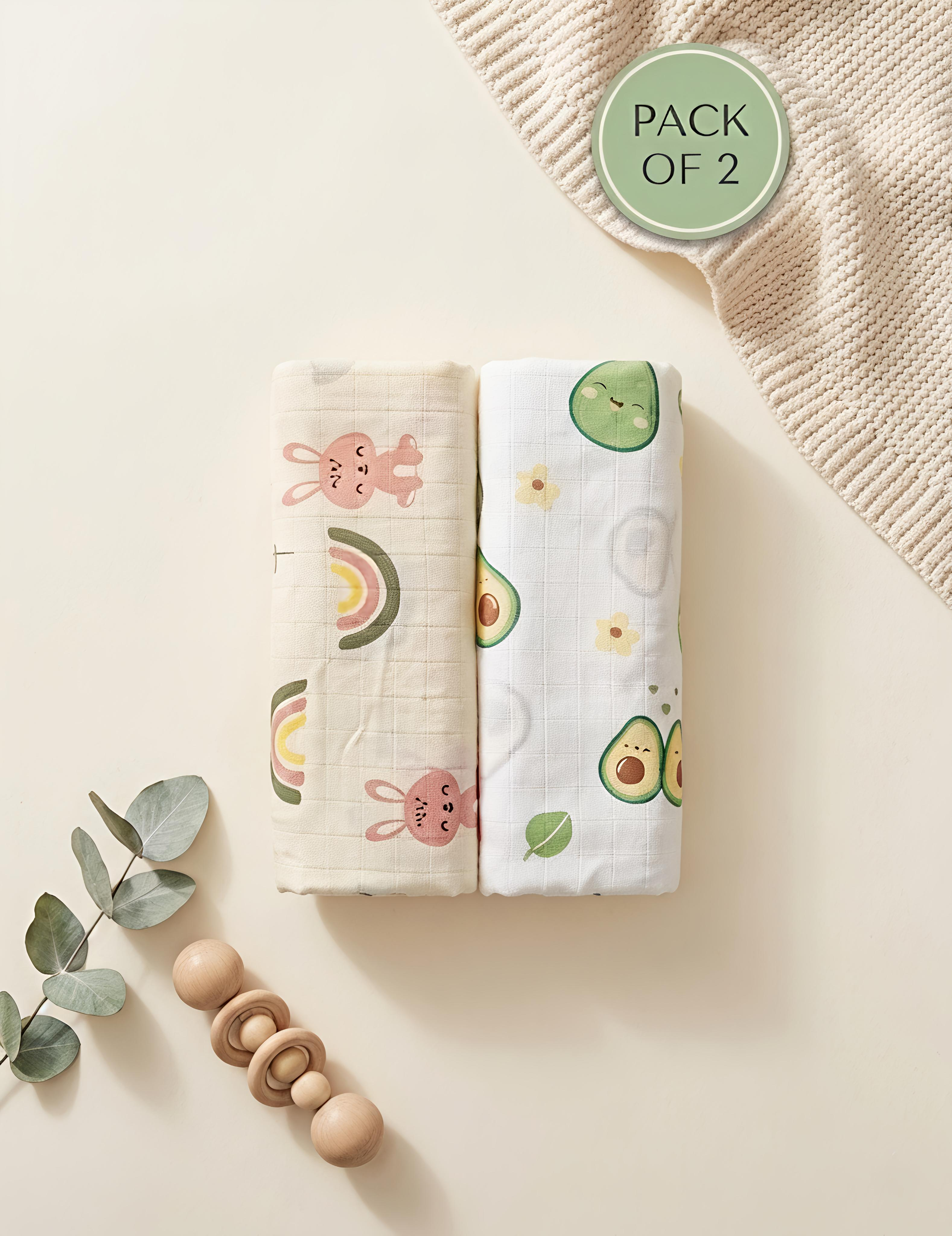 Desert Bunny & Creamy Avocado | Muslin Towel | 100% Premium Cotton | Pack of 2