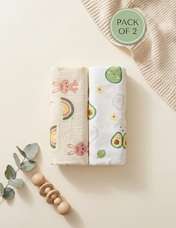 Desert Bunny & Creamy Avocado | Muslin Towel | 100% Premium Cotton | Pack of 2