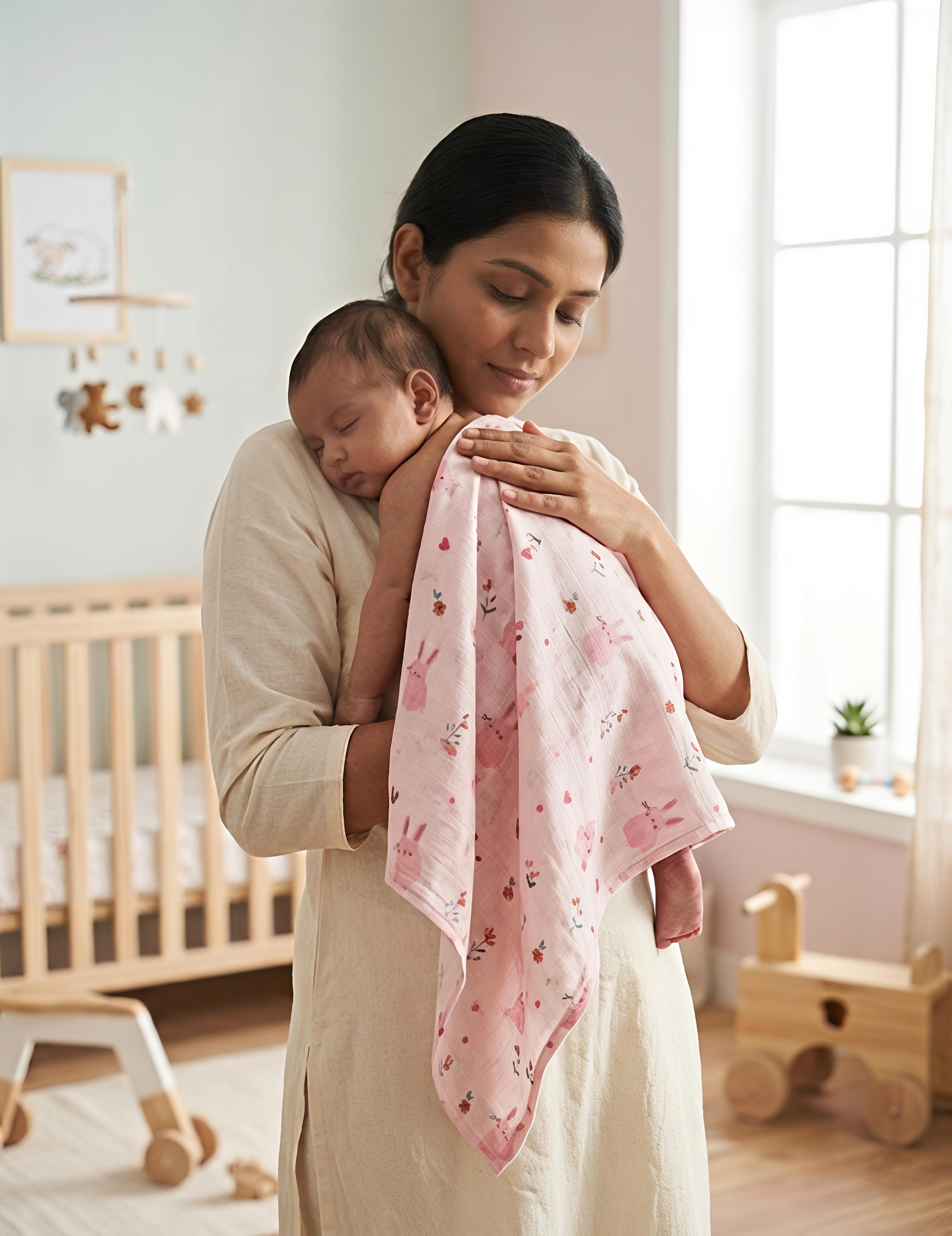 White Cherry & Pink Bunny | Muslin Towel | 100% Premium Cotton | Pack of 2