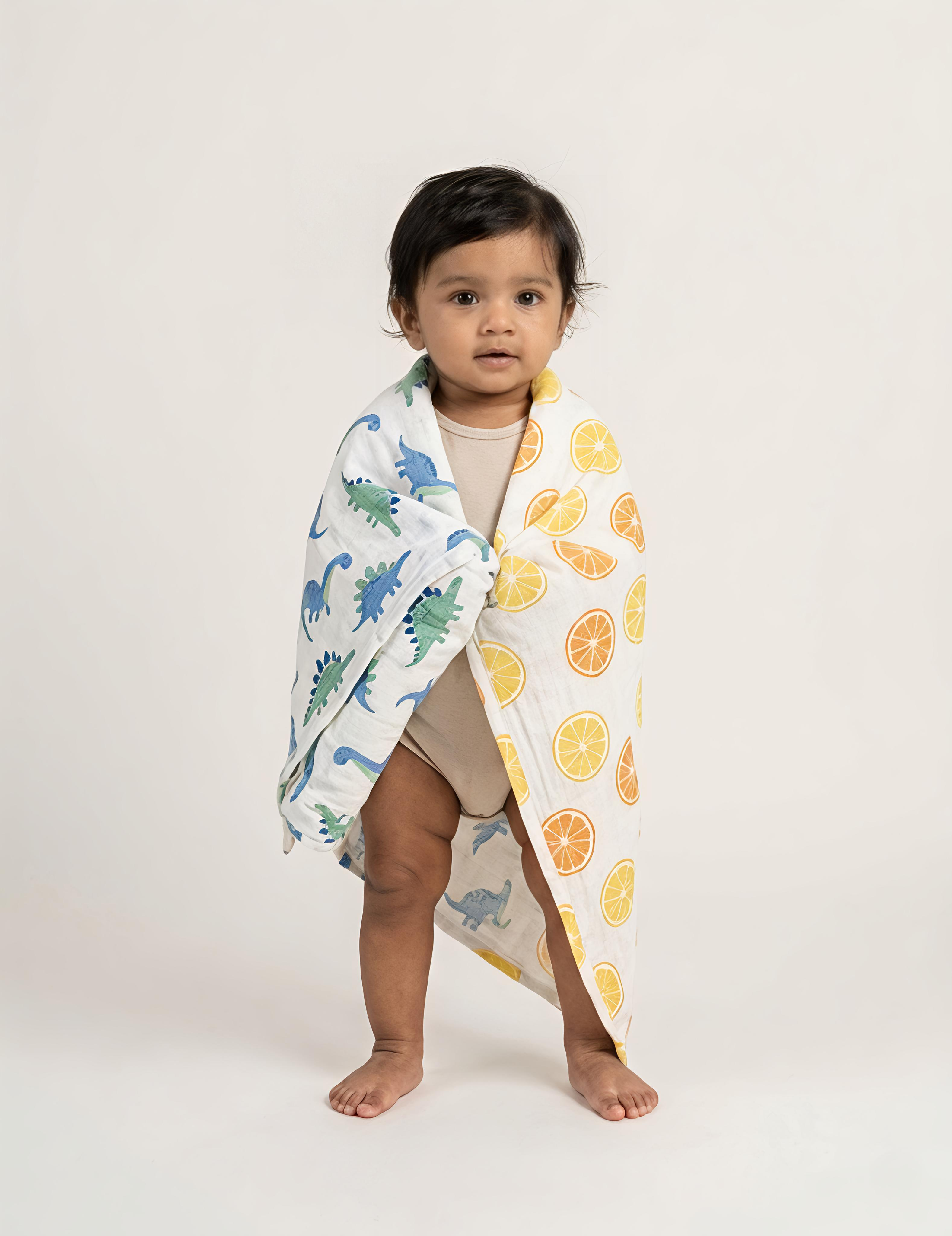 White Dino & Citrus Lime | Muslin Towel | 100% Premium Cotton | Pack of 2