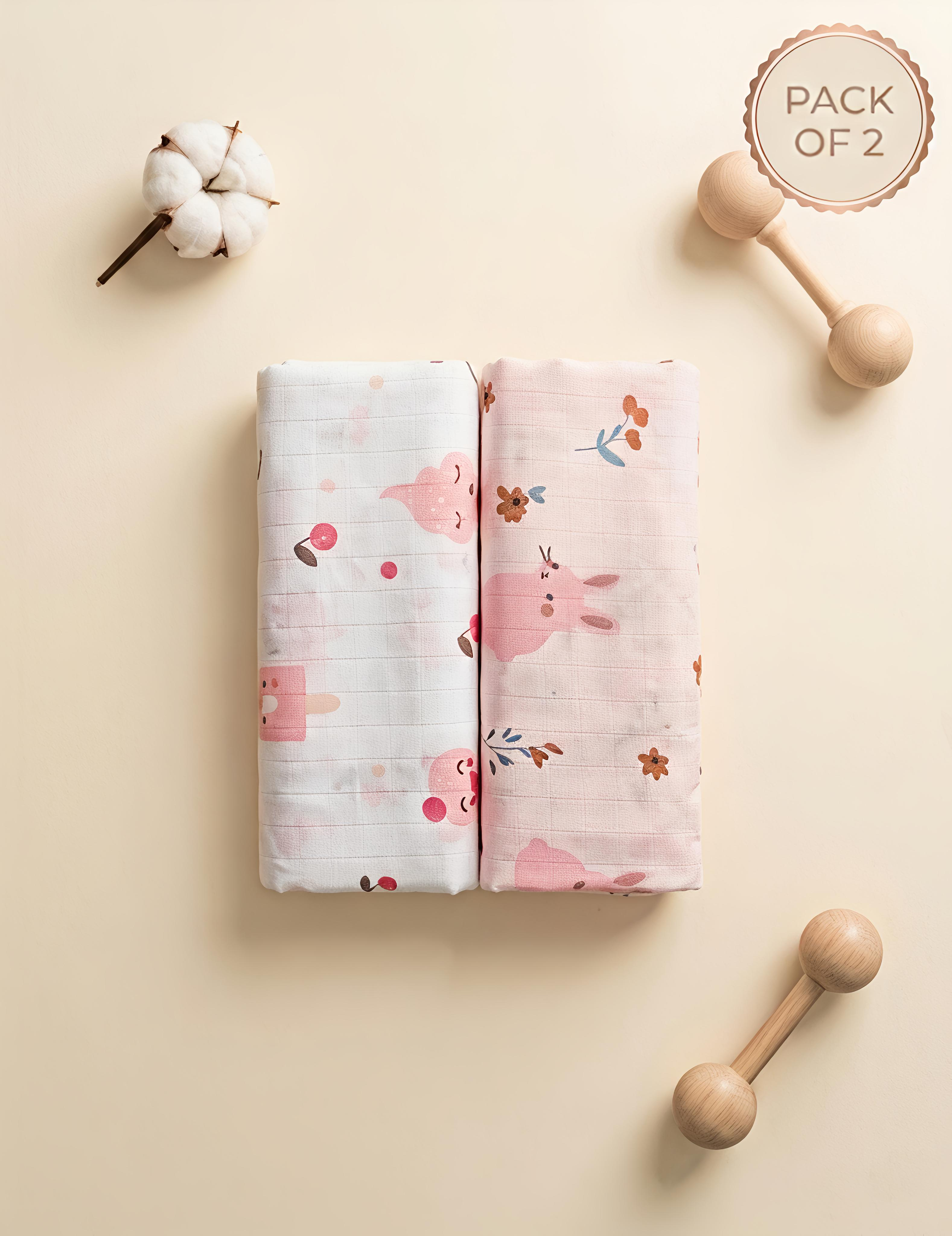 White Cherry & Pink Bunny | Muslin Towel | 100% Premium Cotton | Pack of 2