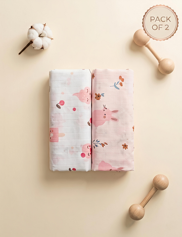White Cherry & Pink Bunny | Muslin Towel | 100% Premium Cotton | Pack of 2