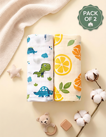 White Dino & Citrus Lime | Muslin Towel | 100% Premium Cotton | Pack of 2