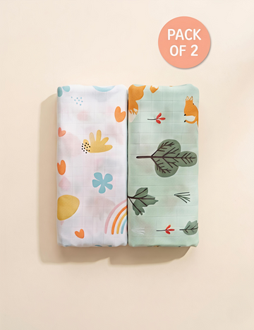 White Blossom & Green Fox | Muslin Towel | 100% Premium Cotton | Pack of 2