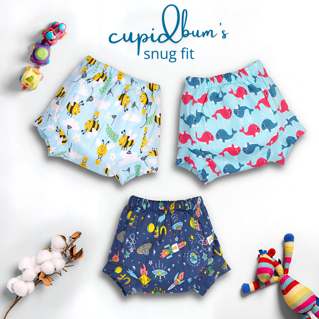 Pack of 3 - Snug Fit Padded Shorts | Reusable Cloth Diapers / Babies Potty Training Pants | Mixed Colors Only